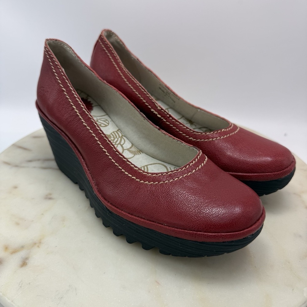 FLY London Yoni Red Leather Platform Wedge Heel Slip On Shoes Women's EU 38 US 7